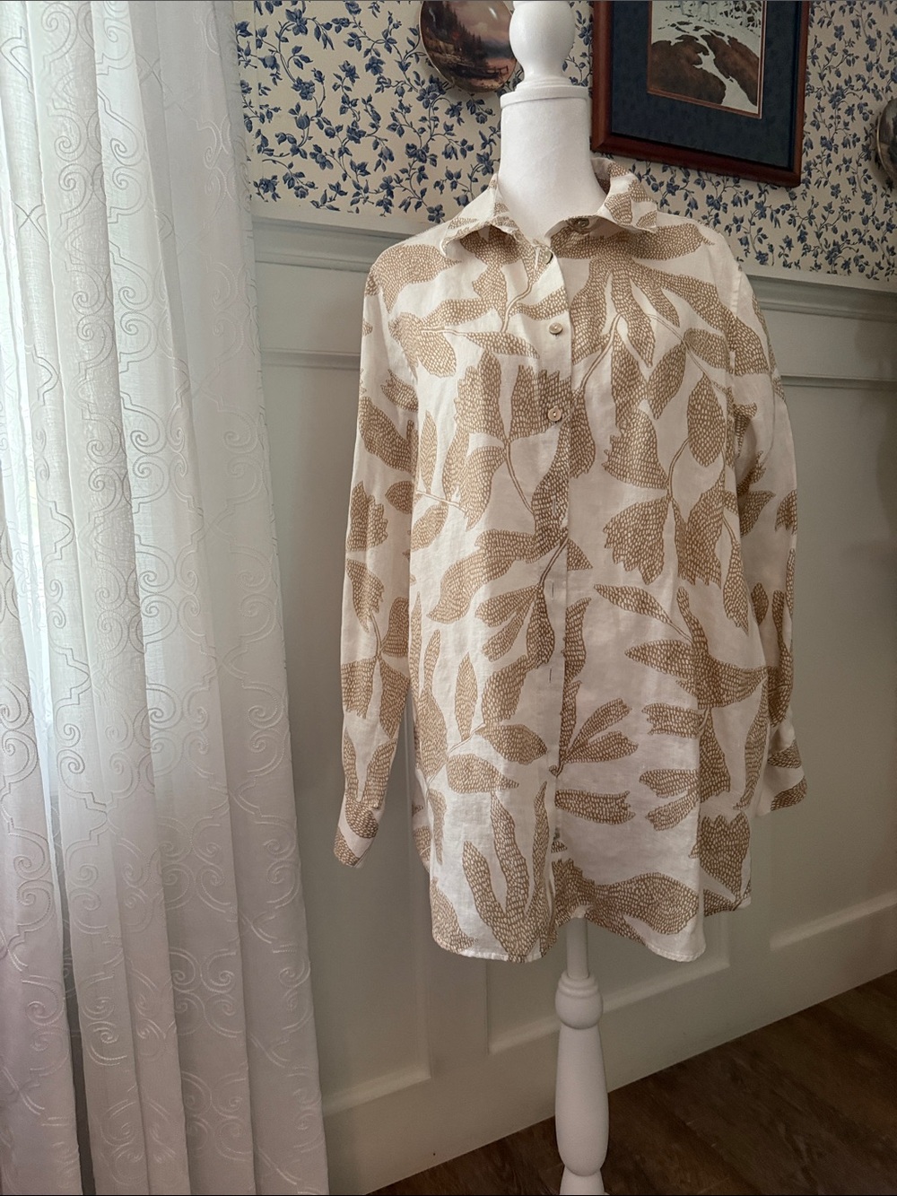 Chico's Beige Leaf Print Button-Down Shirt